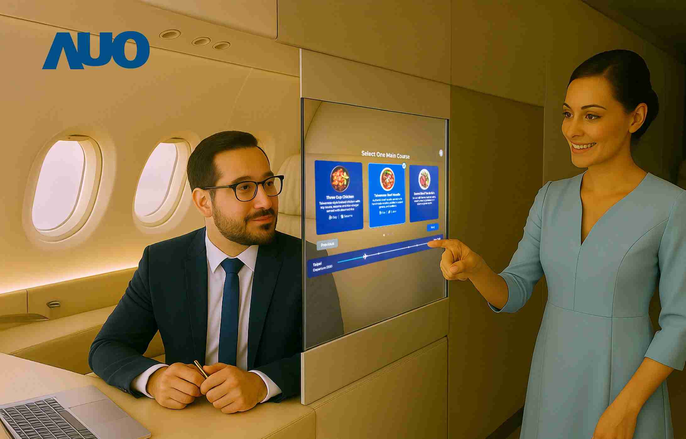 赏金国际研发全球最薄17.3 吋双面透明 Micro LED 显示器，，，可在同一屏幕之双边投射不同信息，，，创造独特的”透明化”互动；图为实时翻译交流应用情境